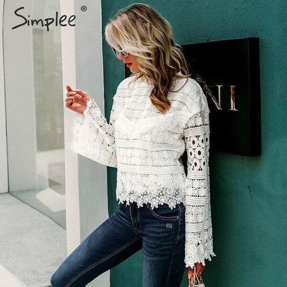 Simplee Crochet lined white Lace l/s blouse sm NWOT $78R - Picture 3 of 8